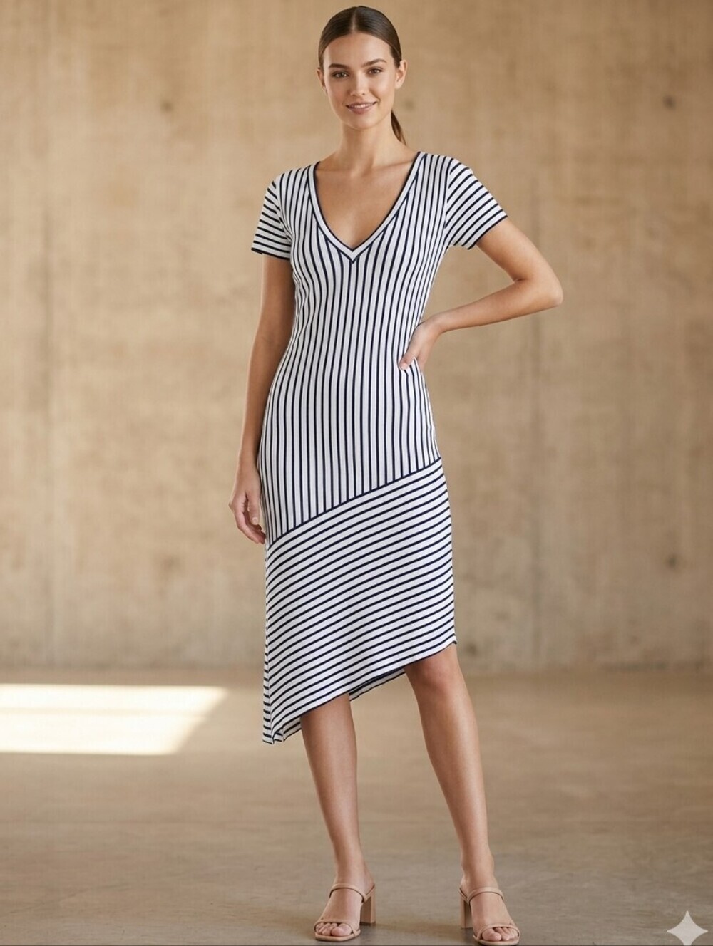 ZARA Bodycon V Neck Front and Back Asymetical A-Line Midi Dress, Size Medium
